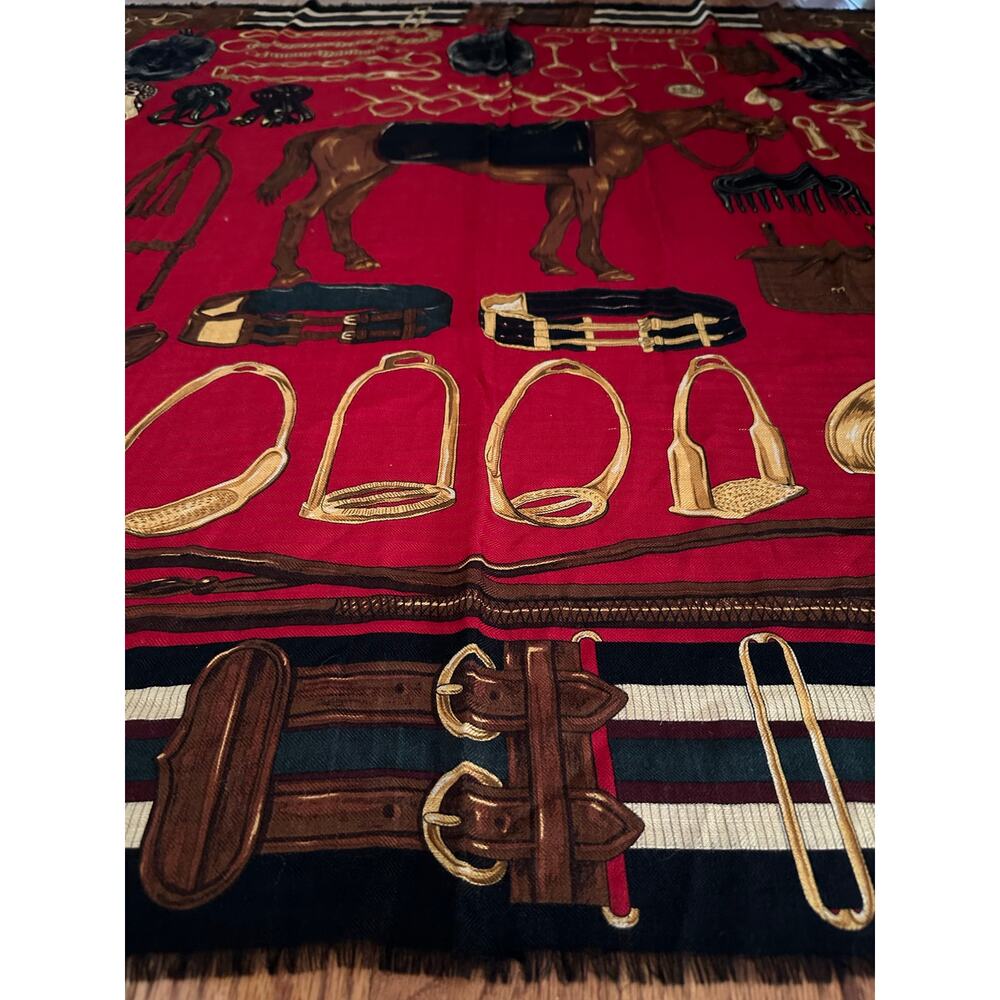 Ralph Lauren equestrian wool Silk horse Scarf Black Red 50x50” large READ - Picture 10 of 16